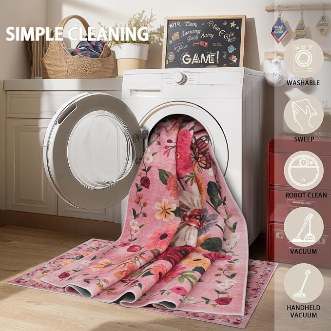 Pink Floral Large Washable Area Rug 8x10 - Image 7