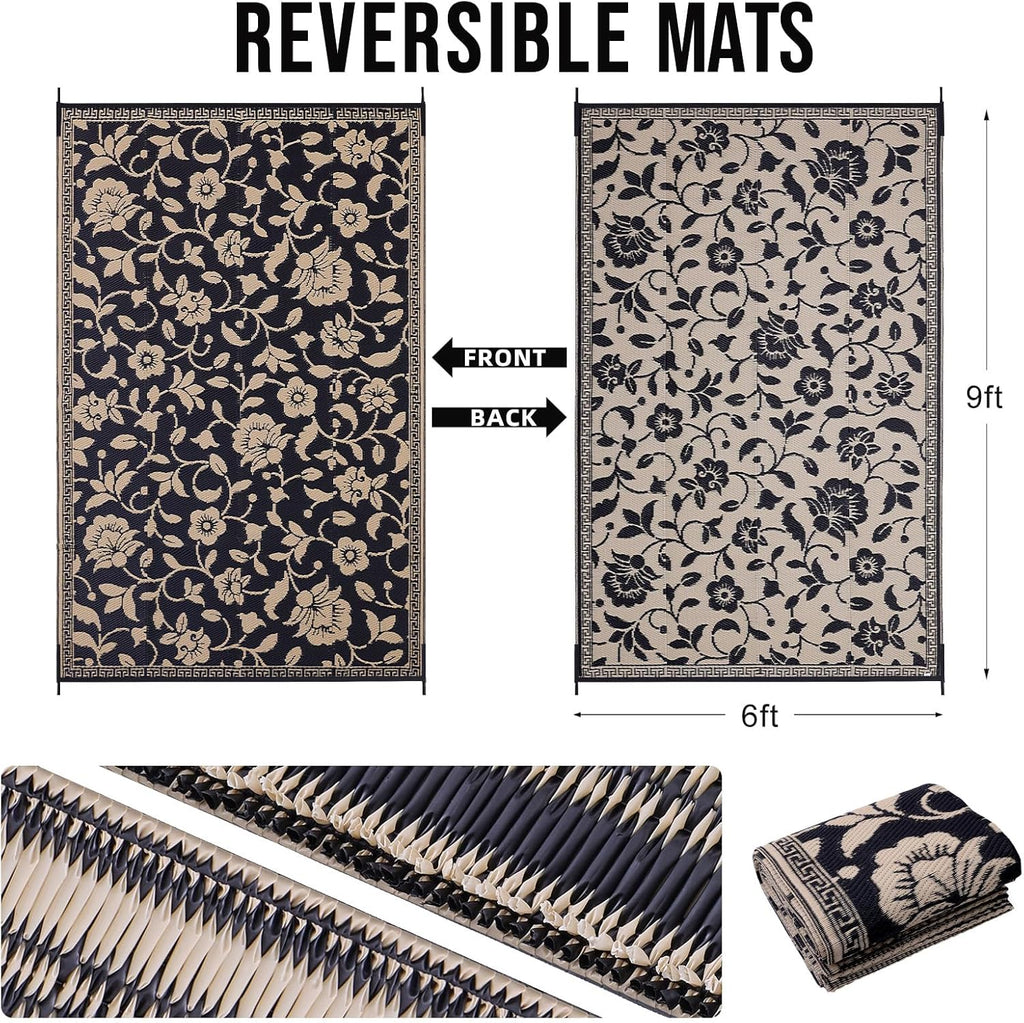 OLANLY Waterproof Outdoor Rug 6x9 ft, Outdoor Plastic Straw Rug with Flower Pattern, Reversible RV Mat for Patio, Camping, Balcony, Deck, Backyard, Black & Beige
