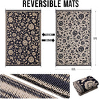 OLANLY Waterproof Outdoor Rug 6x9 ft, Outdoor Plastic Straw Rug with Flower Pattern, Reversible RV Mat for Patio, Camping, Balcony, Deck, Backyard, Black & Beige