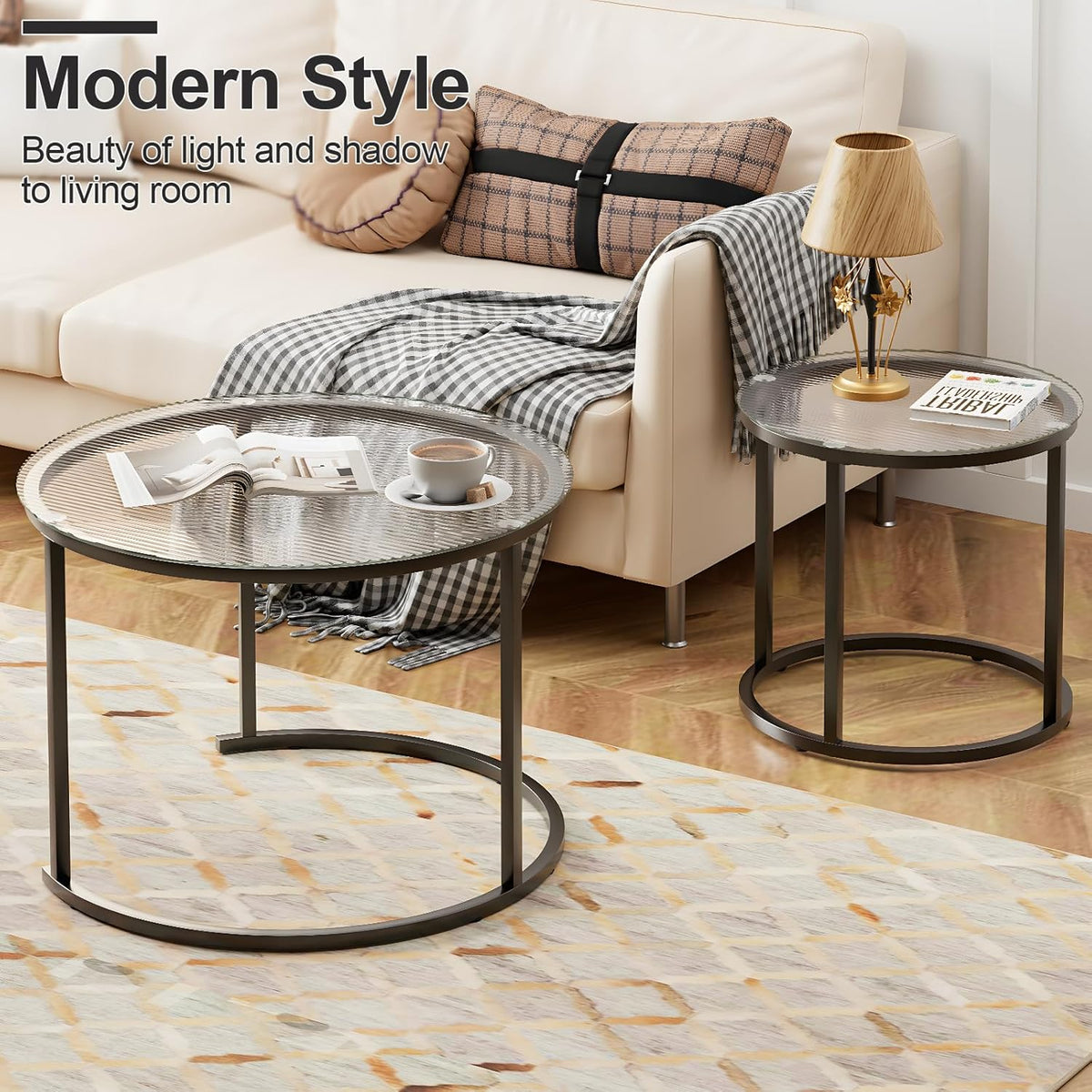 aboxoo Gold Nesting Coffee Table Set of 2, Small Glass Round Nesting Tables for Living Room Bedroom, Accent Tea Table with Black Metal Frame Modern Industrial Simple