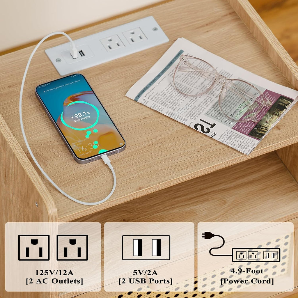 Lerliuo Rattan Nightstand with Charging Station, Boho Night Stand with Handmade Natural Rattan Drawer and Open Shelf, Cane Accent Side End Tables with Solid Wood Legs for Bedroom, Dorm, Small Spaces