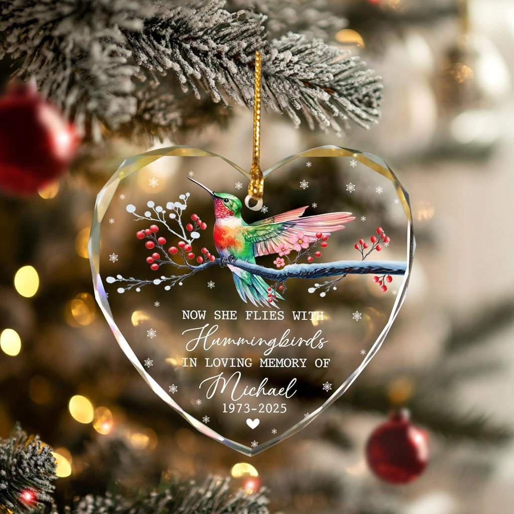 Personalized Memorial Hummingbird Glass Ornament – in Loving Memory of Grandpa – Custom Name, Birth Year & Passing Year – Memorial Christmas Keepsake for Loved One
