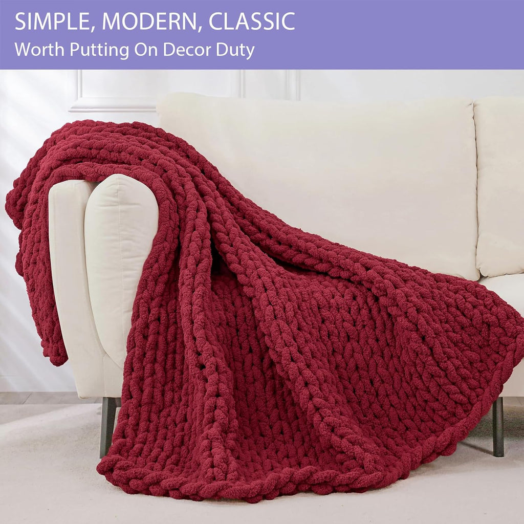 Bigacogo Chunky Knit Throw Blanket for Couch, 40x40 inches, 100% Hand Knitted with Thick Jumbo Chenille Yarn, Cozy Soft Large Rope Knot Cable Crochet Blankets for Sofa Bed Living Room, Red