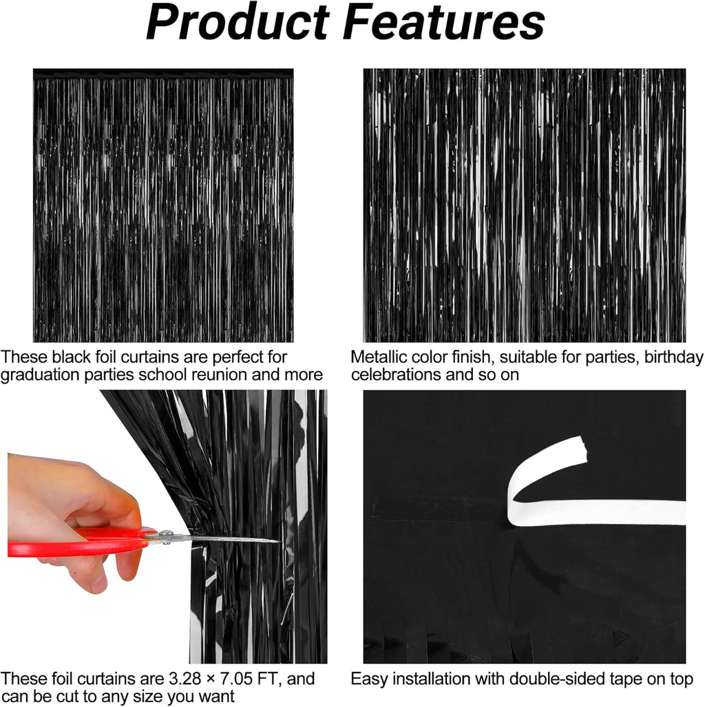 2 Pack 2025 Graduation Party Decorations, 3.28 FT x 7.05 FT Black Backdrop, Metallic Graduation Photo Backdrop Fringe Curtains Tinsel Backdrop Foil Streamer, Grad Party Supplies Photo Booth Props
