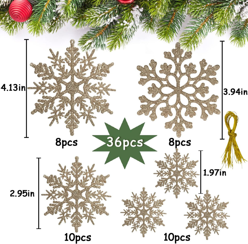 36pcs Christmas Champagne Gold Snowflake Ornaments Plastic Glitter Snow Flakes Ornaments for Winter Christmas Tree Decorations Size Varies Craft Snowflakes