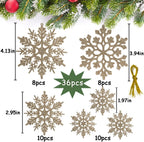 36pcs Christmas Champagne Gold Snowflake Ornaments Plastic Glitter Snow Flakes Ornaments for Winter Christmas Tree Decorations Size Varies Craft Snowflakes