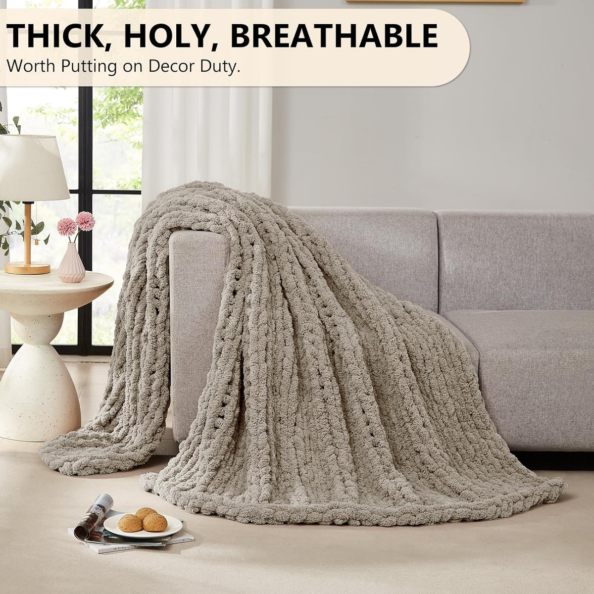 L'AGRATY Chunky Knit Blanket Throw: 80''x90'' Chenille Chunky Knitted Throw Blankets for Bed Couch - Handmade Thick Big Cable Knit Blanket - Large Crochet Rope Blankets for Home Decor(Light Linen)