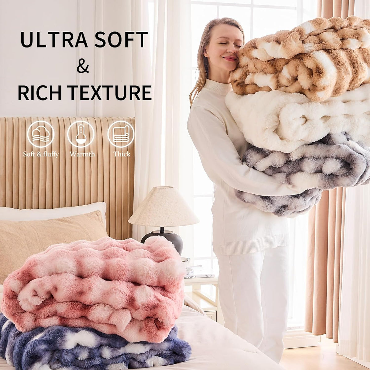 Cozy Faux Fur Throw Blanket for Couch-Warm Fuzzy Throw Blanket, Soft Plush Thick Bubble Blankets for Bedroom and Living Room, Furry Luxury Blanket, 90 x 108, Tie-Dye Pink