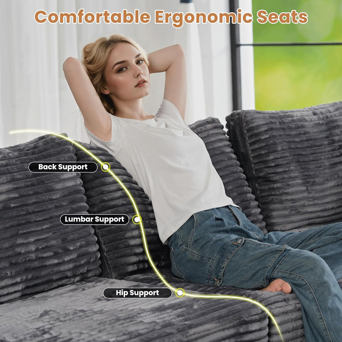ovios Sectional Sofa Couch with L-Shape Chaise Sofa Bed, Comfy Modular Cloud Couches with Deep Seat, Modern Upholstered Plush Corduroy Sofas Set for Living Room, 5-Seater, Grey