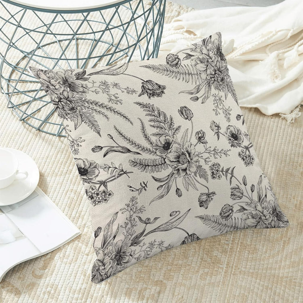 CXMEIFLY Spring Floral Leaves Pillow Covers 18 x 18 Inch Set of 2 for Chinoiserie Flowers Decor Throw Pillows Black and White Seasonal Plant Outdoor Decorative Cushion Cases for Couch Bed Decorations
