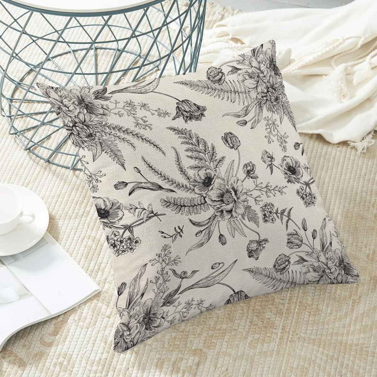 CXMEIFLY Spring Floral Leaves Pillow Covers 16 x 16 Inch Set of 2 for Chinoiserie Flowers Decor Throw Pillows Black and White Seasonal Plant Outdoor Decorative Cushion Cases for Couch Bed Decorations
