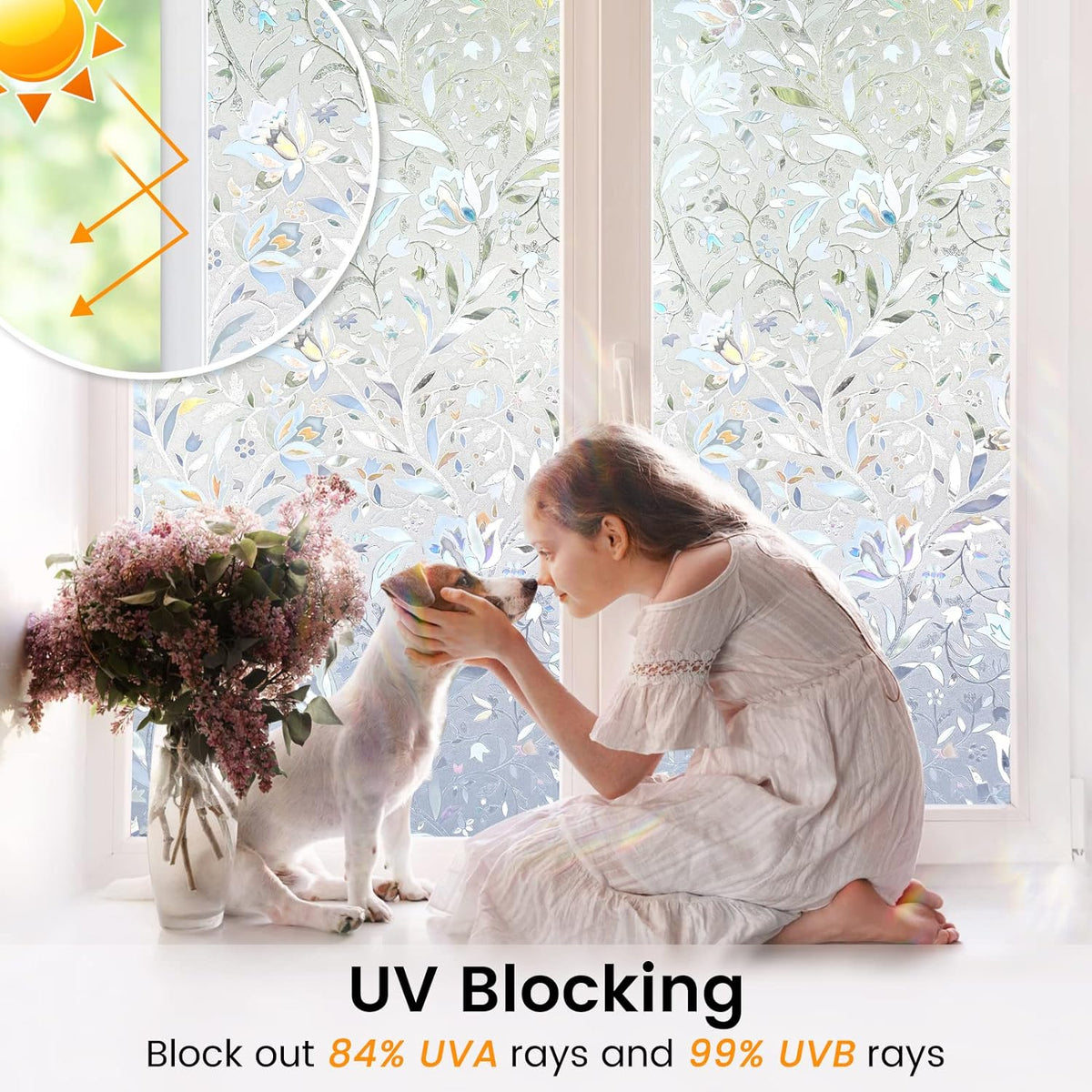 DOWELL Window Privacy Film, 3D Stained Glass Rainbow Films, Decorative Window Vinyl Sun Blocker Door Covering, Static Cling Non-Adhesive Glass Sticker for Home, Blooming Flowers, 35.4"x118"