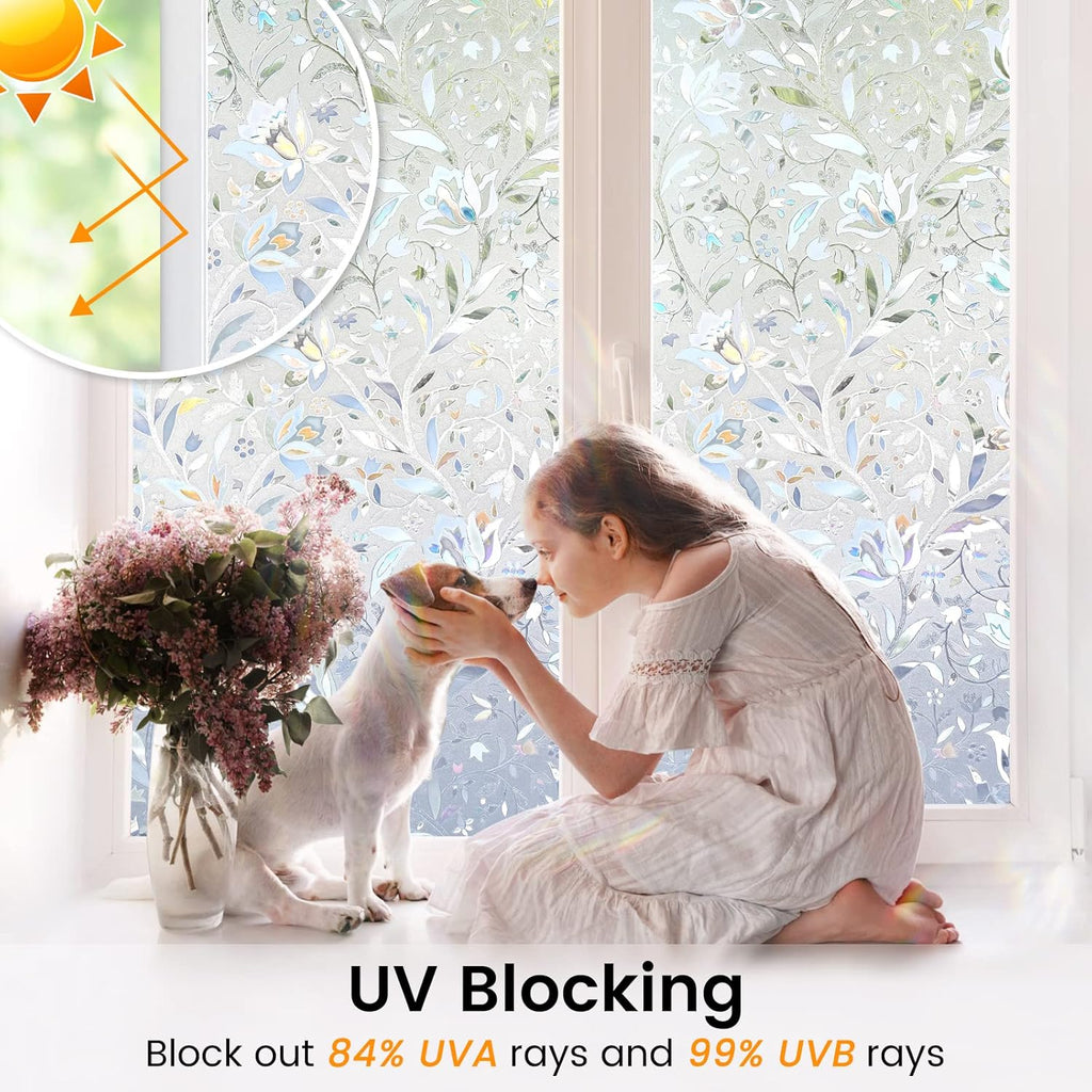 DOWELL Window Privacy Film, 3D Stained Glass Rainbow Films, Decorative Window Vinyl Sun Blocker Door Covering, Static Cling Non-Adhesive Glass Sticker for Home, Blooming Flowers, 23.6"x78.7"