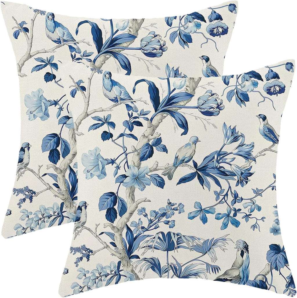 CXMEIFLY Navy Blue Spring Floral Pillow Covers 18 x 18 Inch Set of 2 for Chinoiserie Flowers Bird Decor Throw Pillows Vintage Plant Outdoor Decorative Cushion Cases for Couch Bed Decorations