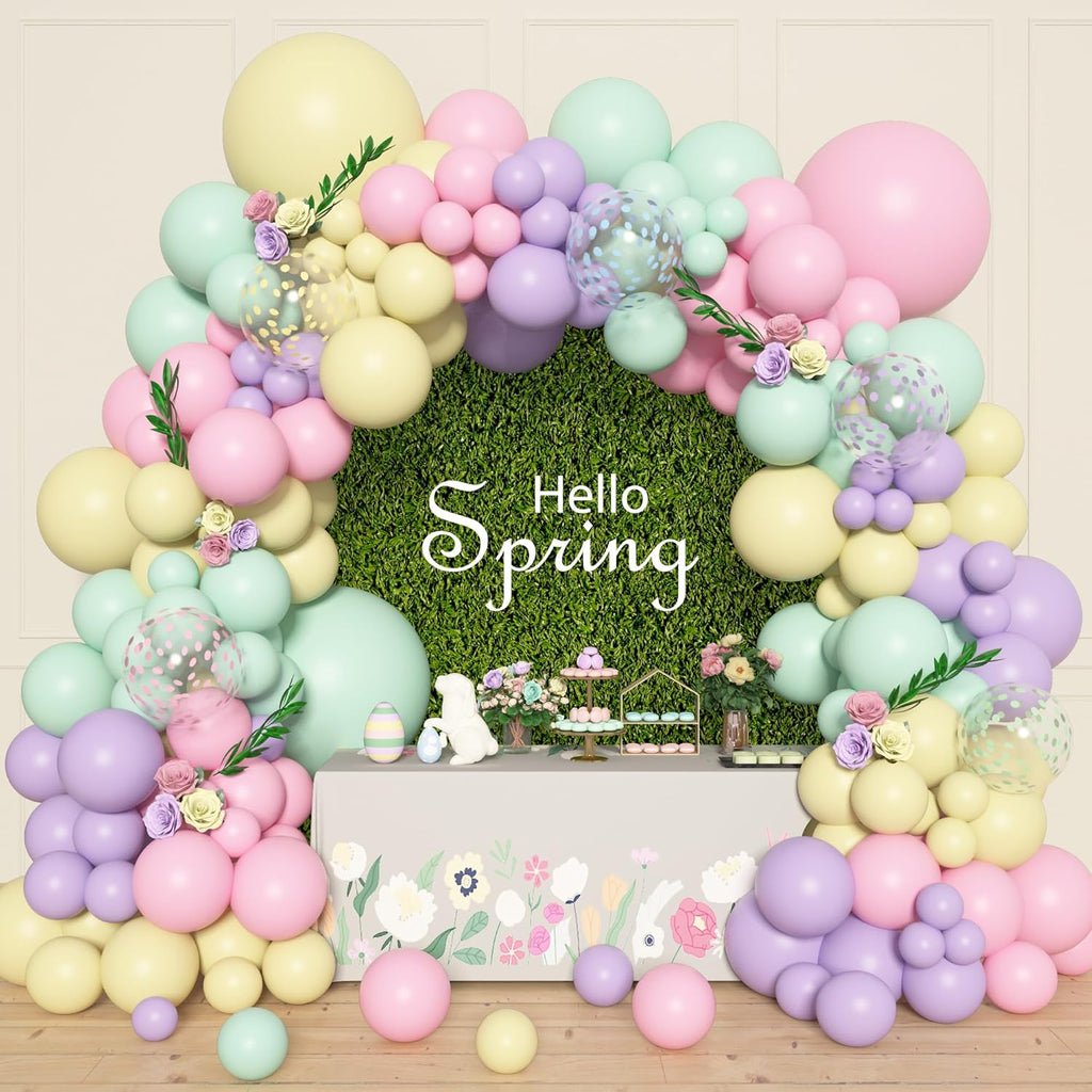 Amandir 153pcs Pastel Balloons Garland Arch Kit, Different Sizes 18 12 10 5inch Pastel Pink Yellow Green Purple Confetti Balloons for Spring Baby Shower Wedding Wildflower Birthday Party Decorations