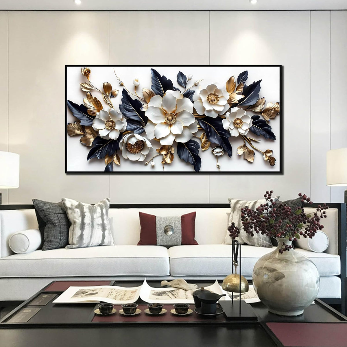 White Flowers Wall Art for Bedroom - White and Gold Wall Art for Office - Framed Wall Art for Living Room Large Size 29" x 59"