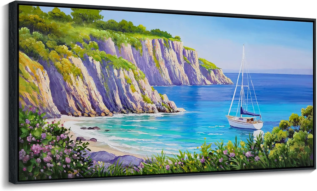 QZQCBLC Coastal Batnroom Wall Art - Blue Sea Sailing Boat Canvas Pictures Purple Flower Mountains Ocean Landscape Paintings Artwork for Living room Bedroom Office Framed Navigation Decor 20"X40"