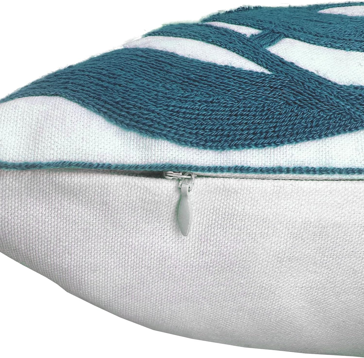 Alysheer Farmhouse Floral Leaves Embroidered Decorative Throw Pillow Cover 18x18 inches, Boho Tufted Flowers Embroidery Pattern Chic Cotton Cushion Case for Couch Bed Sofa Living Room(Teal Blue)