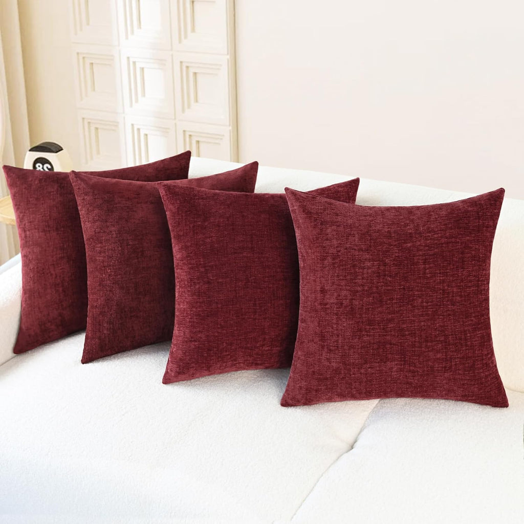 CaliTime Throw Pillow Covers Decorative 18 X 18 Inches Pack of 4 Cozy Chenille Cushion Cases for Couch Sofa Bed Living Room Home Burgundy