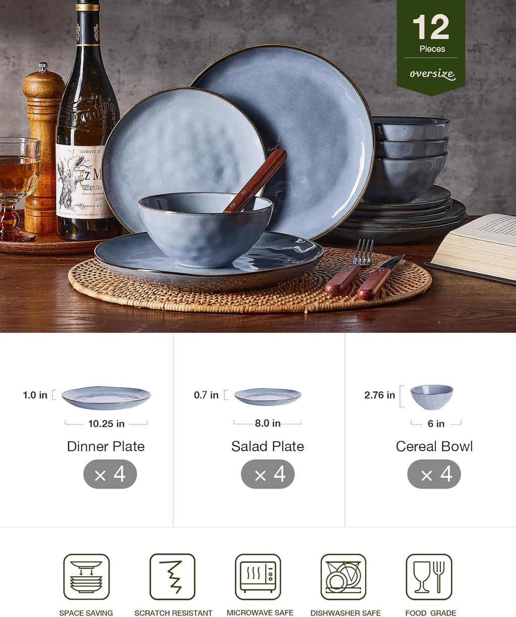 Famiware Dinnerware Sets for 4, Ocean Round 12-Piece Kitchen Plates and Bowls Sets, Reactive Glaze, Microwave and Dishwasher Safe, Scratch Resistant, Blue
