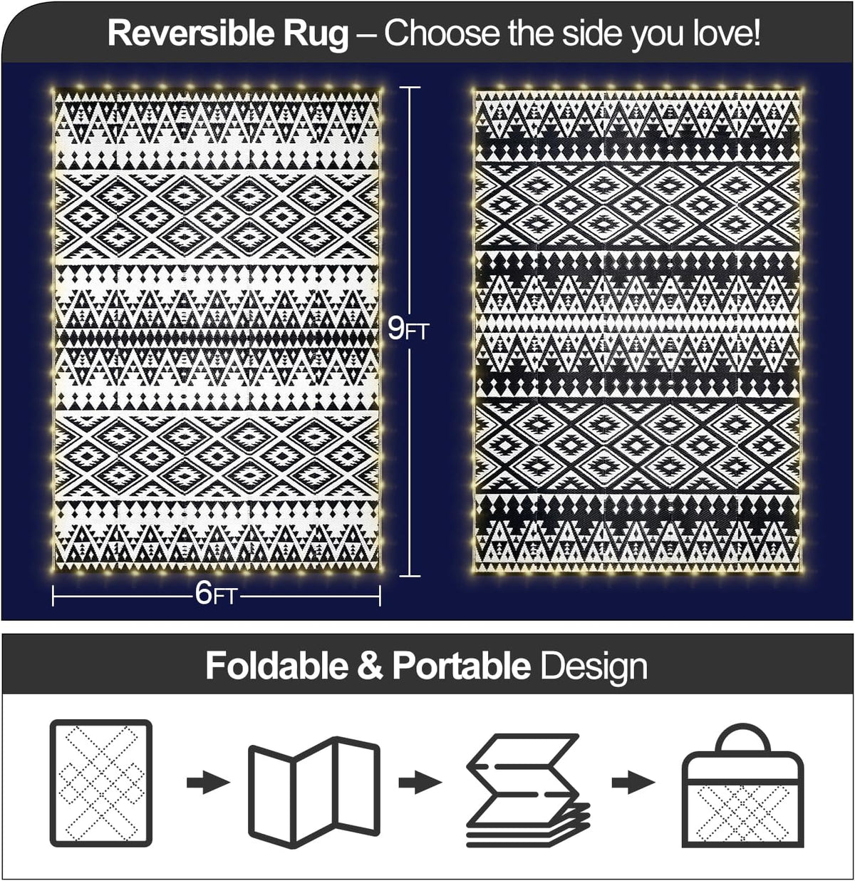 6x9ft Waterproof Outdoor Rug with LED Lights, Bohemia Reversible Plastic Straw Mat for Patio RV Camping Picnic Balcony Beach Deck Indoor Outdoor Carpet, Black&White