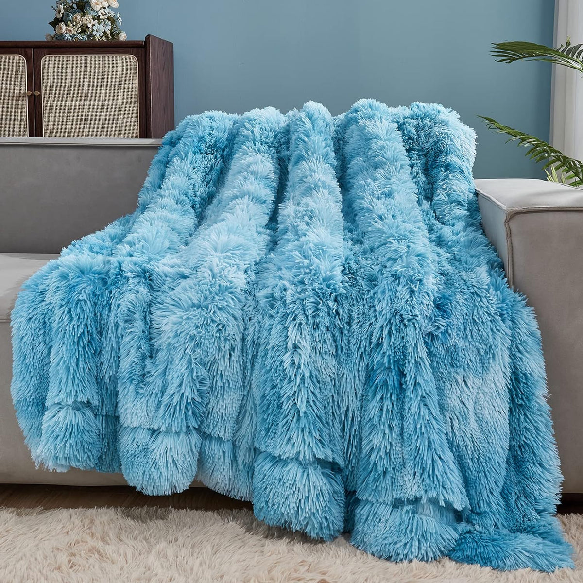 GONAAP Fuzzy Faux Fur Throw Blanket Tie-dye Ocean Blue Super Soft Cozy Plush Fuzzy Shaggy Blanket for Couch Sofa Bed (Tie-dye Ocean Blue, Throw(50"x60"))