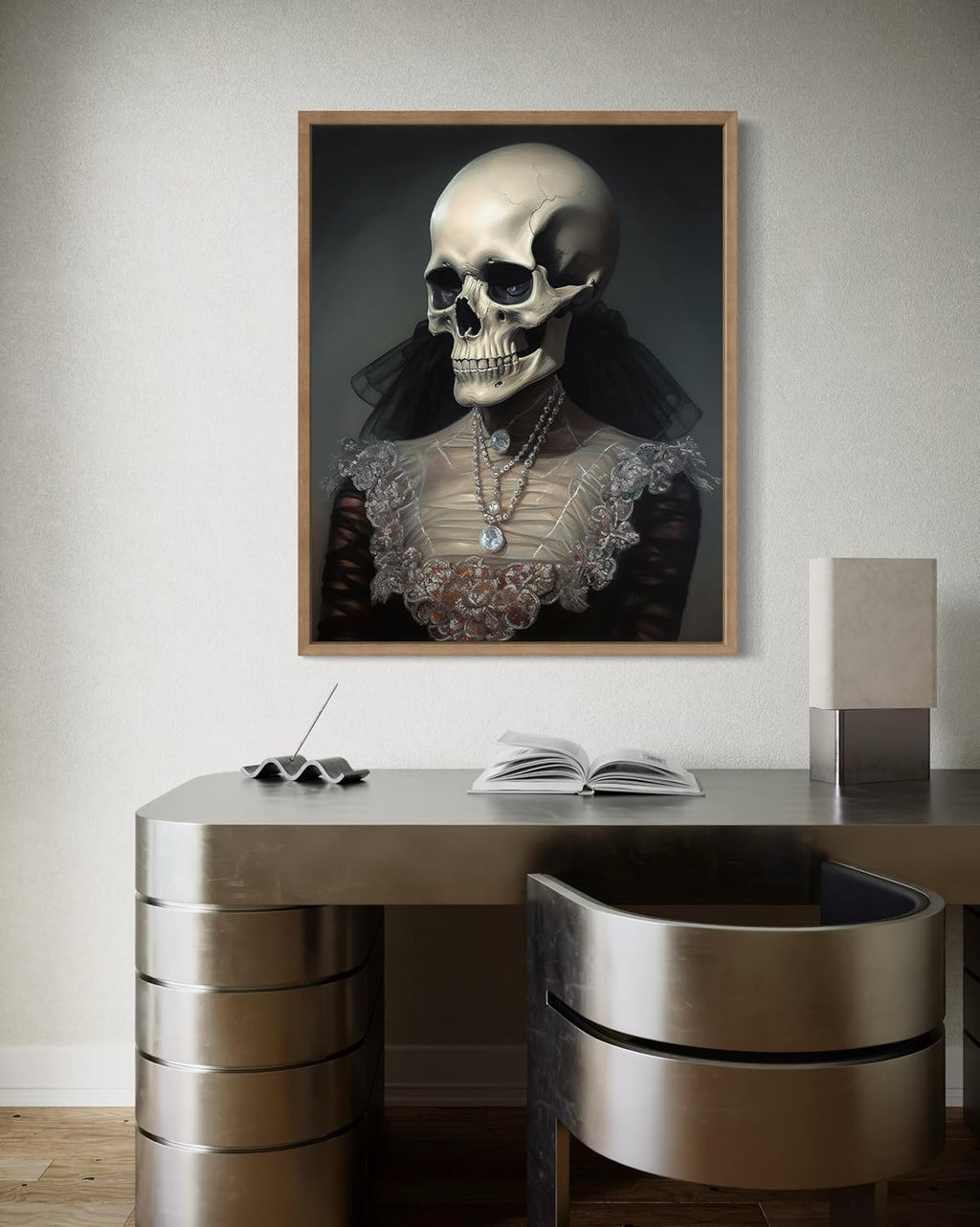 Female Skull Poster Art Print, Halloween Scary Vintage Wall Art Academia Spooky Painting Decoration for Horror Prints, Gothic Posters Bedroom Decor 89 (Female Skull, 16 x 20 inches, Wood Frame)