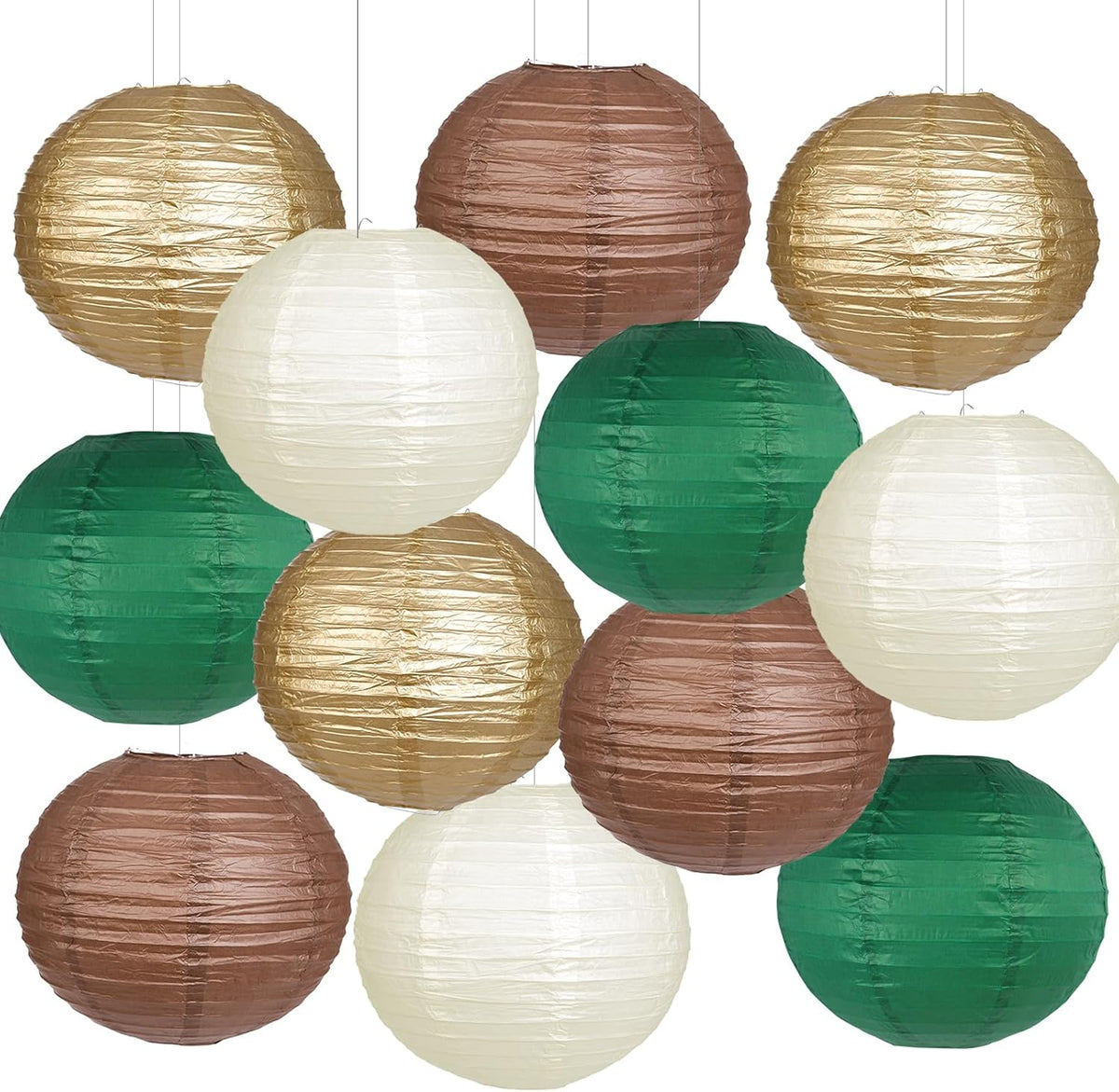 Paper Lanterns Green Brown Gold Round Hanging Chinese Lanterns for Birthday Party Gender Neutral Woodland Baby Shower Decorations Pack of 12