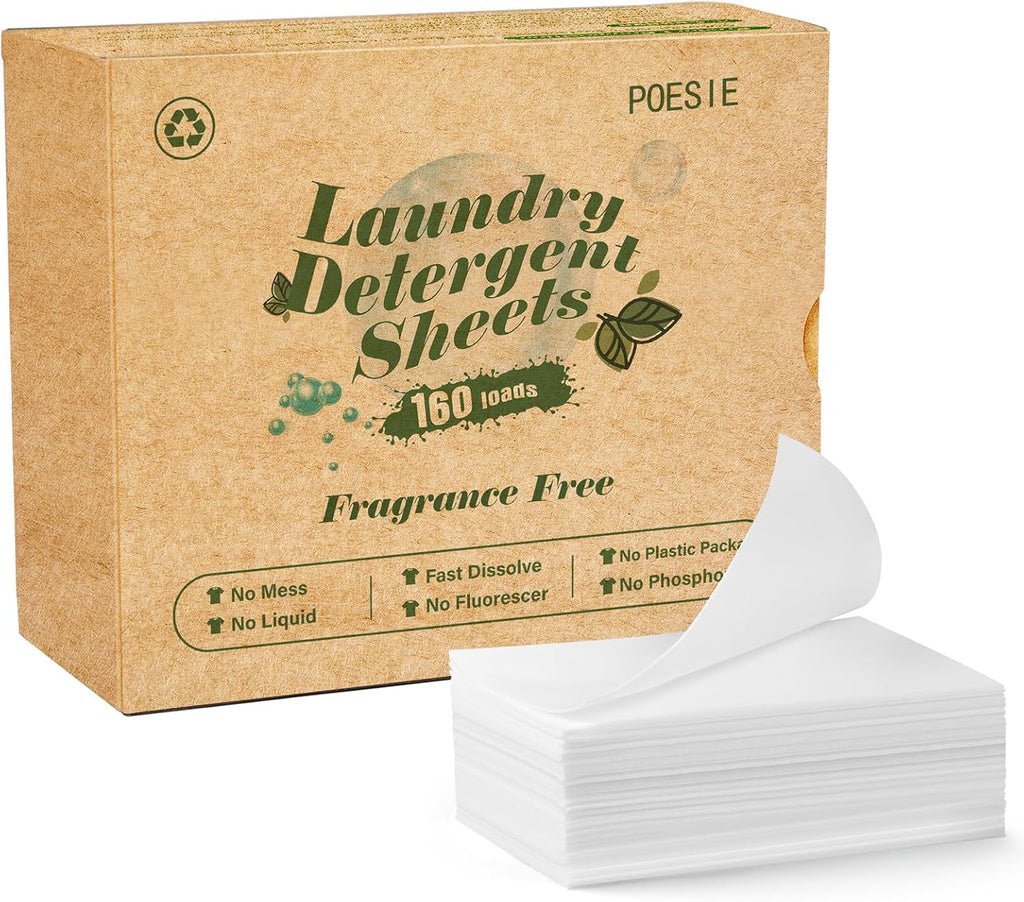 Poesie Laundry Detergent Sheets Fragrance Free Non-Plastic Precut Zero Waste 160 Count Liquidless Washing Strips for Home Dorm Travel Camping Hiking Portable