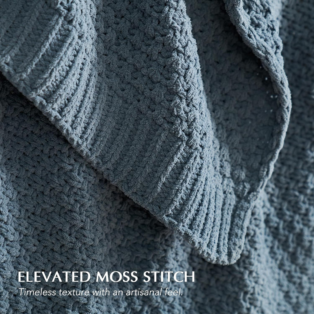 Chunky Chenille Knit Throw Blanket for Couch, Soft Luxurious Moss Stitch Blankets for Bed, Cozy Decorative Farmhouse Knitted Throws for Sofa, Stormy Blue, 60" x 80"