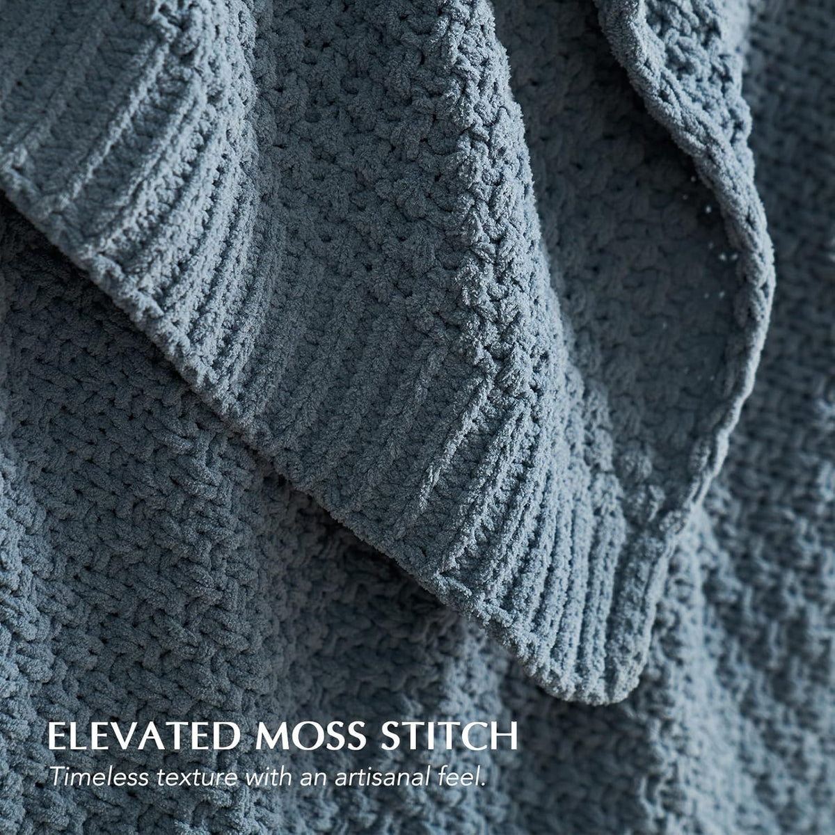 Chunky Chenille Knit Throw Blanket for Couch, Soft Luxurious Moss Stitch Blankets for Bed, Cozy Decorative Farmhouse Knitted Throws for Sofa, Stormy Blue, 60" x 80"