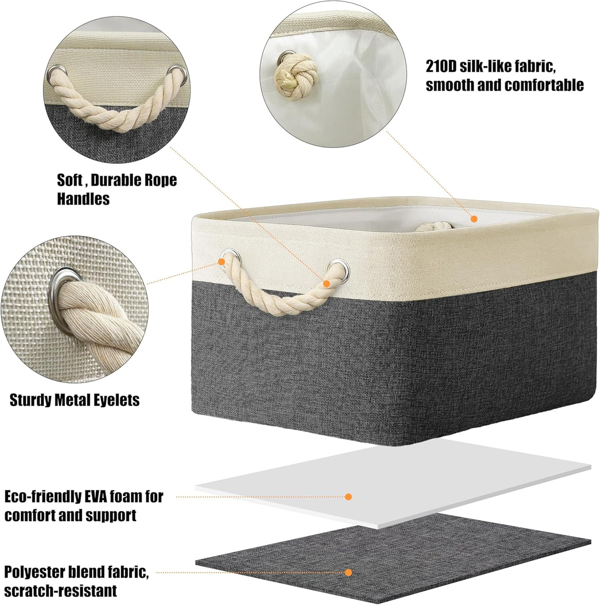 SIMPLE HOUSEWARE Large Fabric Storage Bin, 15.7" x 12" with Braided Handles, 3 Pack, Dark Gray