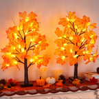 2 Pack 24 Inch Prelit Fall Maple Tree Fall Decor with 48 LEDs Timer Battery Operated Artificial Fall Light Up Tree Maple Acorn for Fall Thanksgiving Decorations Table Home Office Indoor Autumn Harvest