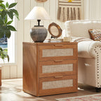 LEYAOYAO Boho Rattan Coffee Table and End Table Sets, 48" Wide Center Tables & 23" Night Stand with 3 Drawers, Brown Wood Coffee Table for Living Room 3 Piece Set
