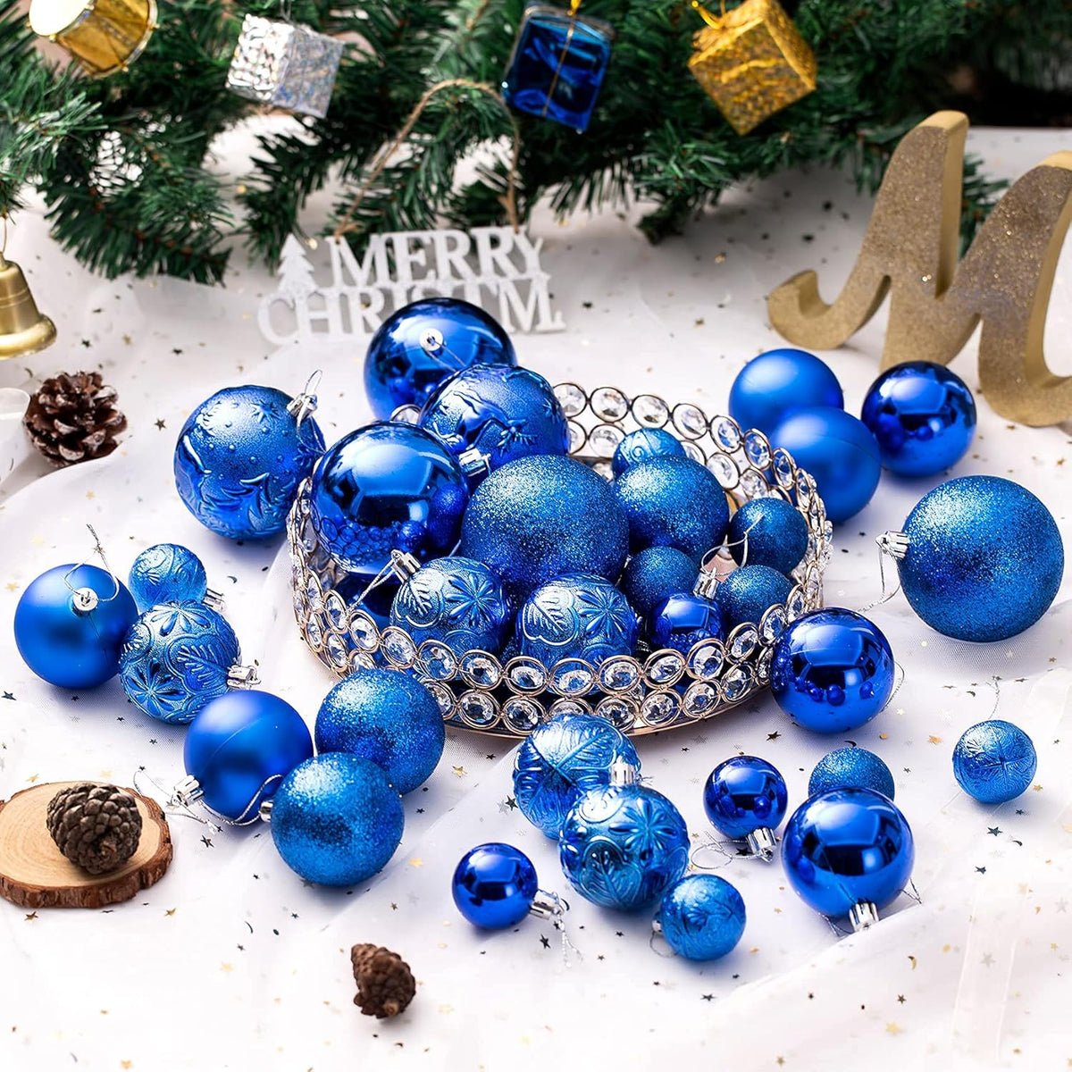 Senjie Blue Shatterproof Christmas Ornaments, 32 Pcs, Plastic, Hanging, Christmas, Wedding