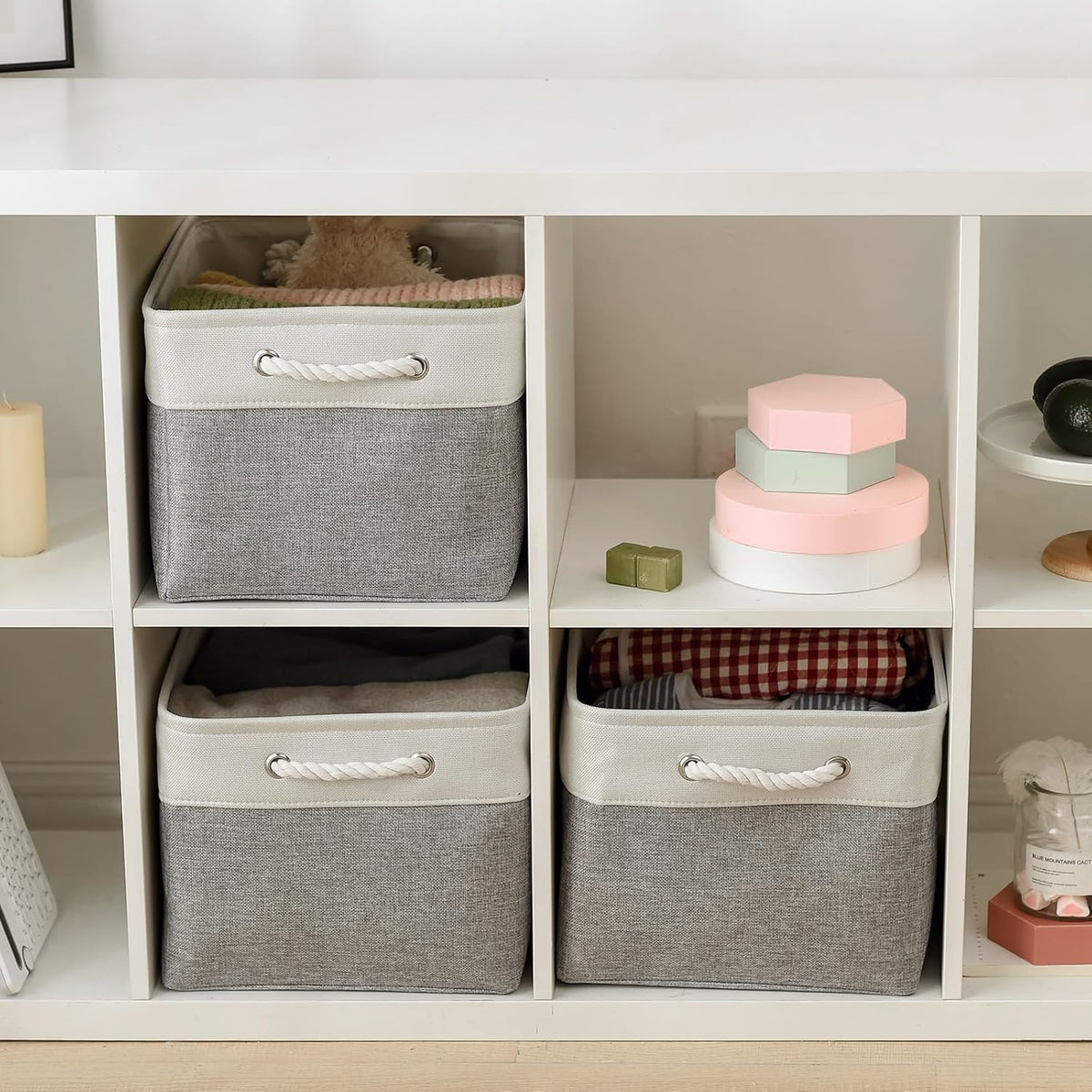 TheWarmHome Storage Baskets for Organizing, X Large - 3 Pack 17.7L×13.8W×9.8H in Foldable Storage Bins for Shelves, Fabric Storage Box for Closet Nursery Toy Gift (White & Grey)
