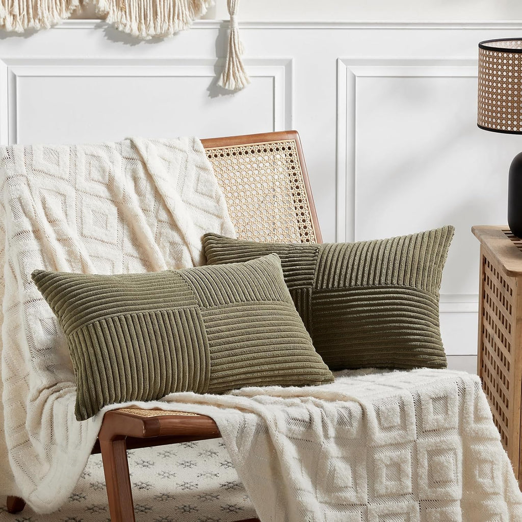 Fancy Homi 2 Packs Olive Green Lumbar Decorative Throw Pillow Covers 12x20 Inch for Living Room Couch Bed, Farmhouse Boho Home Decor, Soft Striped Corduroy Rectangle Accent Cushion Case 30x50 cm
