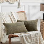 Fancy Homi 2 Packs Olive Green Lumbar Decorative Throw Pillow Covers 12x20 Inch for Living Room Couch Bed, Farmhouse Boho Home Decor, Soft Striped Corduroy Rectangle Accent Cushion Case 30x50 cm