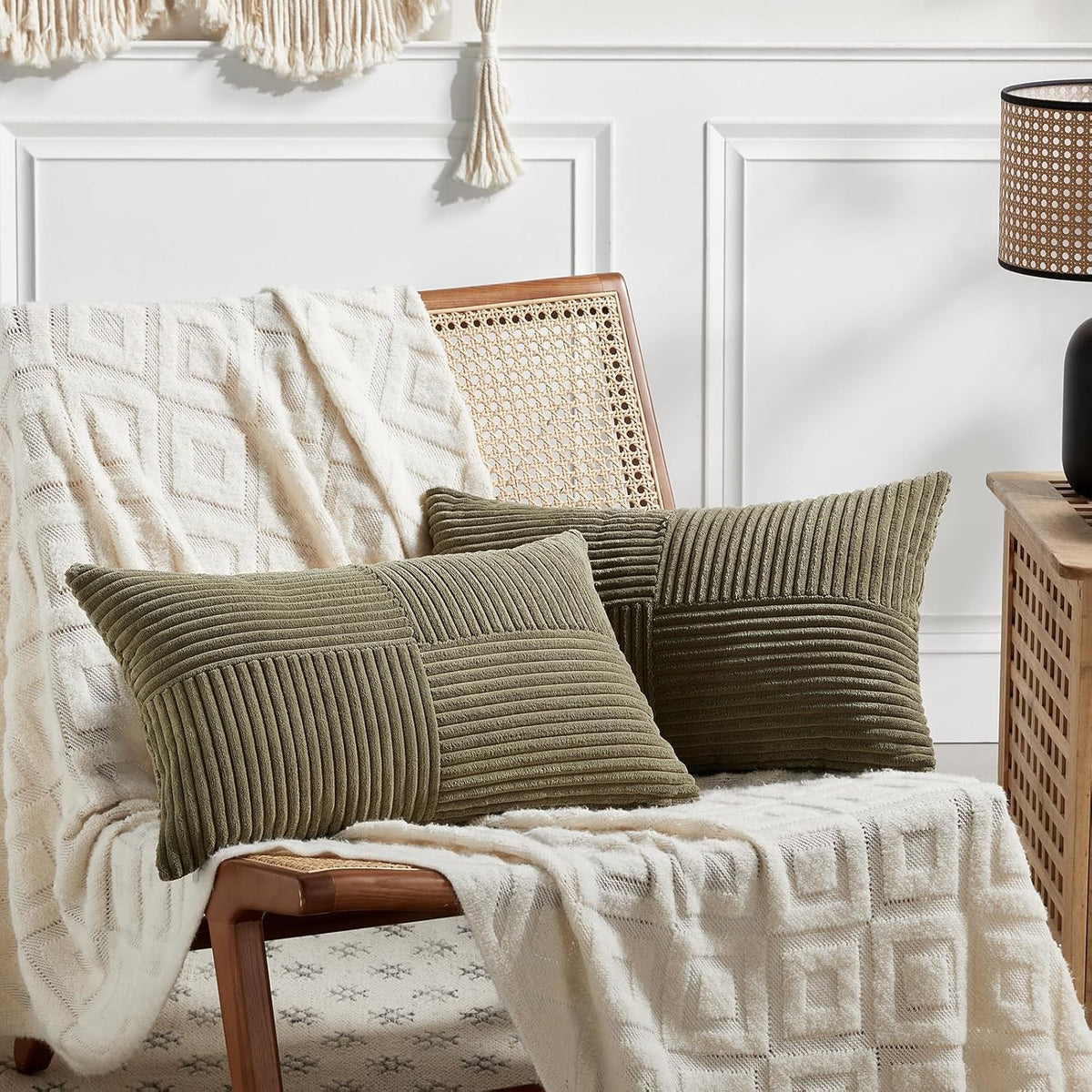 Fancy Homi 2 Packs Olive Green Lumbar Decorative Throw Pillow Covers 12x20 Inch for Living Room Couch Bed, Farmhouse Boho Home Decor, Soft Striped Corduroy Rectangle Accent Cushion Case 30x50 cm