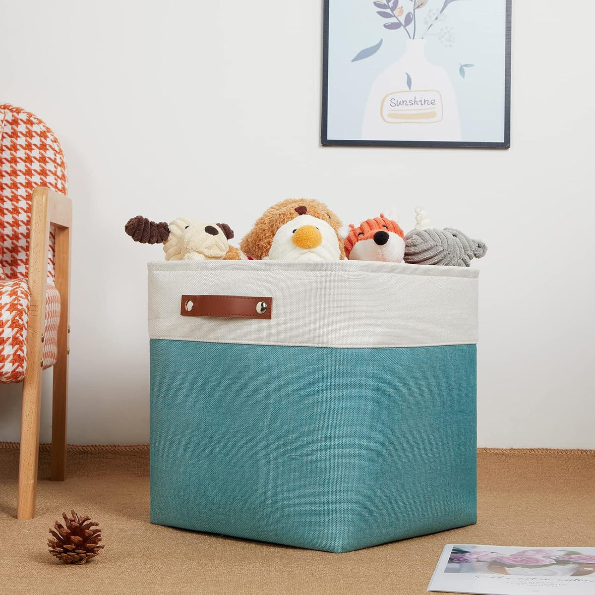 DULLEMELO Storage Bins for Organizing,Closet Storage Baskets for Gift Empty,Large Linen Canvas Storage Bins with Handles for Home Office Toys Shelves(White&Teal, 13 inch Cube)