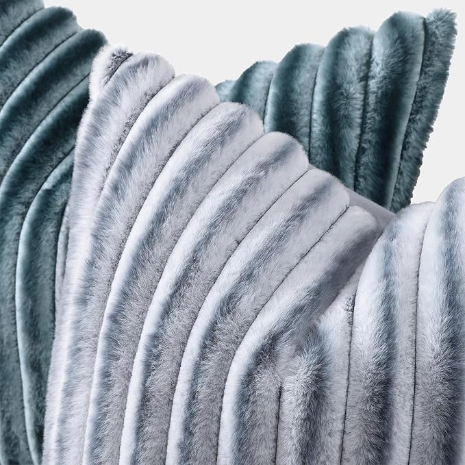 decorUhome Fall Faux Fur Throw Pillow Covers 18x18 Set of 2 Grey White | - Image 2