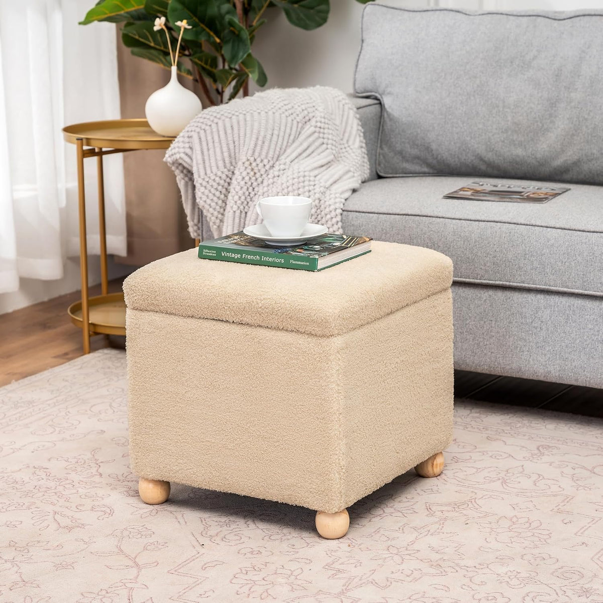Adeco 17 Inch Soft Oatmeal Cube Ottoman Storage, Teddy Velvet Chair Foot Stools, Upholstered Vanity Stool with Hinged Lid, Solid Round Wood Legs