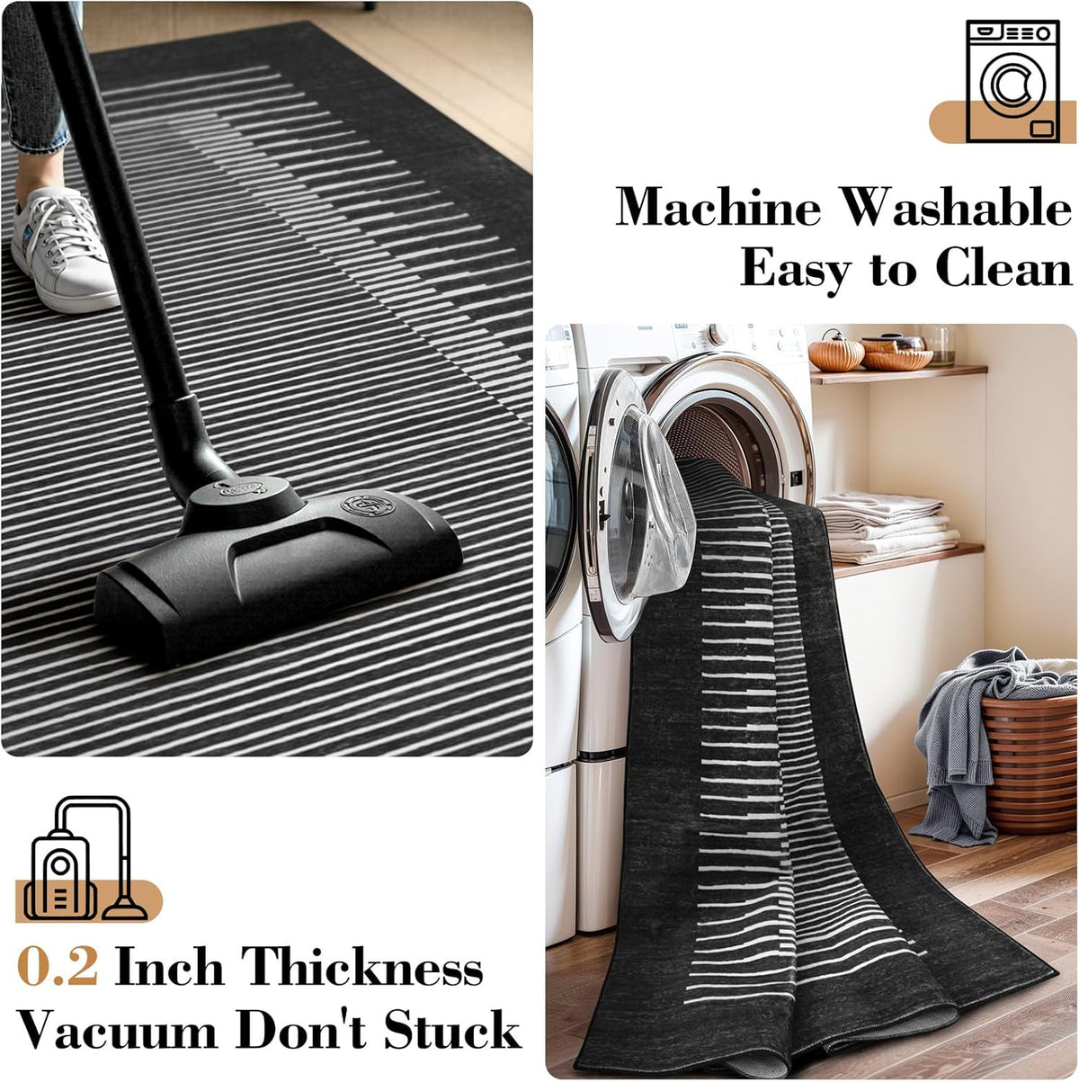 Wonnitar Washable Striped Black Runner Rug for Hallway 2'6"x8', Non-Slip Kitchen Runner Rug, Low Pile Minimalist Soft Rug Runner for Bedroom Hallway Bathroom Laundry Entryway (Black, 2'6" x 8')
