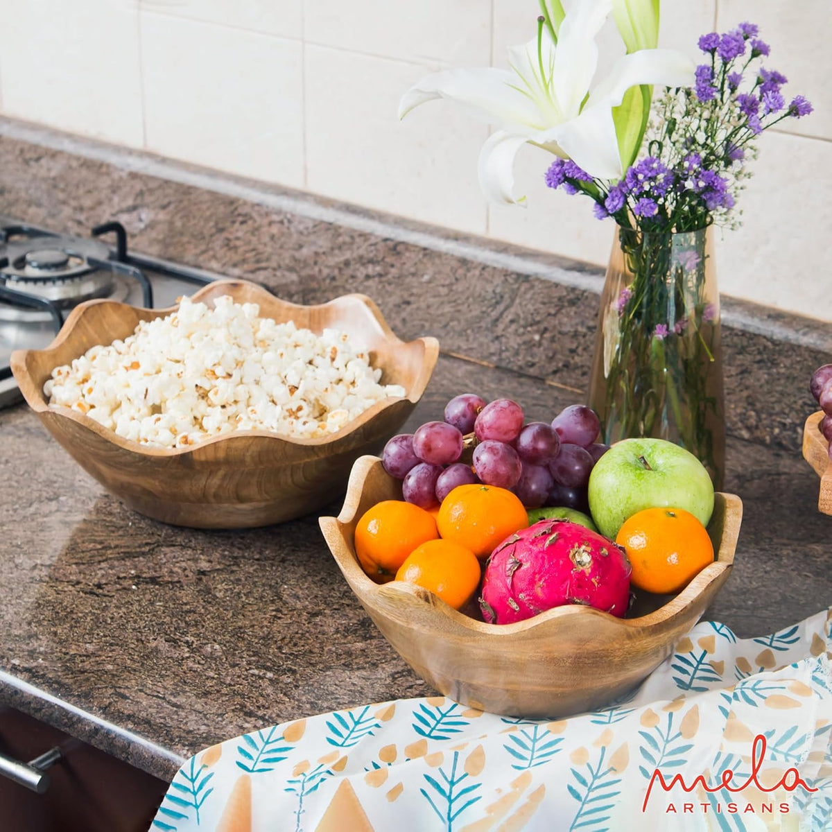 Mela Artisans Wooden Scalloped Bowl - Set of 2, Large & Medium |Mango Wood Natural Grain Finish | 12x4x12” and 10x4x10” | Fits Bread, Fruits, Salad or Popcorn