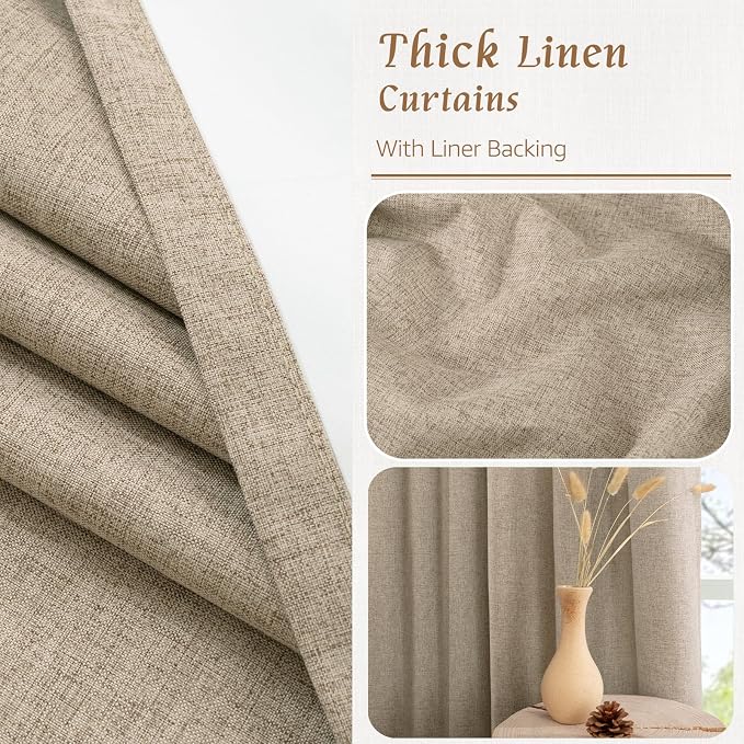 80 Inch 100% Blackout Natural Linen Curtains 2 Panels, 52 x 80 Inch | Privacy - Image 8