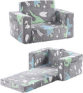 Toddler Chair Kids Couch, 2-in-1 Toddler Soft Sherpa Couch Fold Out Armchair with Removable Cover, Convertible Reading Chair Toddler Sofa for Kids, Glow in The Dark Plush Grey Dinosaur