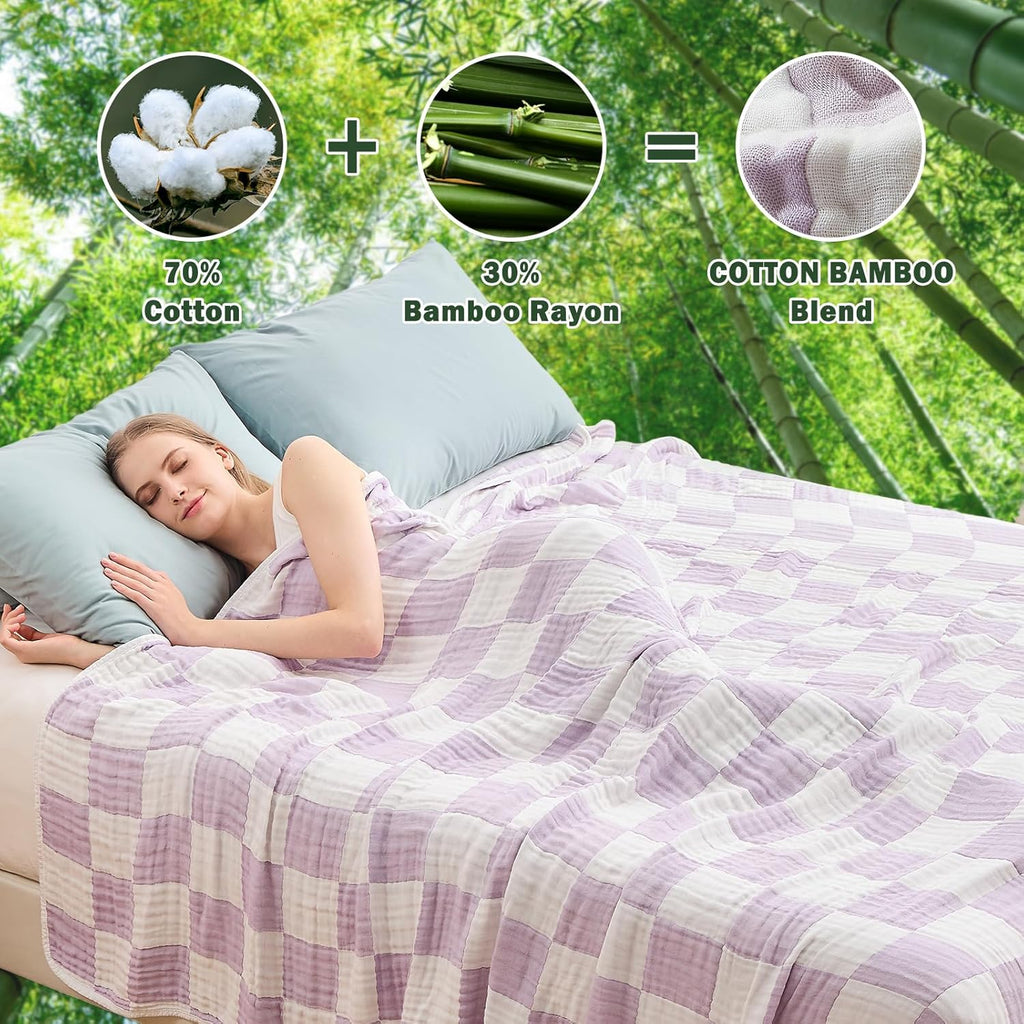 EMME Checkered Cotton Blanket Queen Size for Bed Soft Large Muslin Bed Blankets 80"x90" Lightweight Breathable Cooling All Season, Lavender