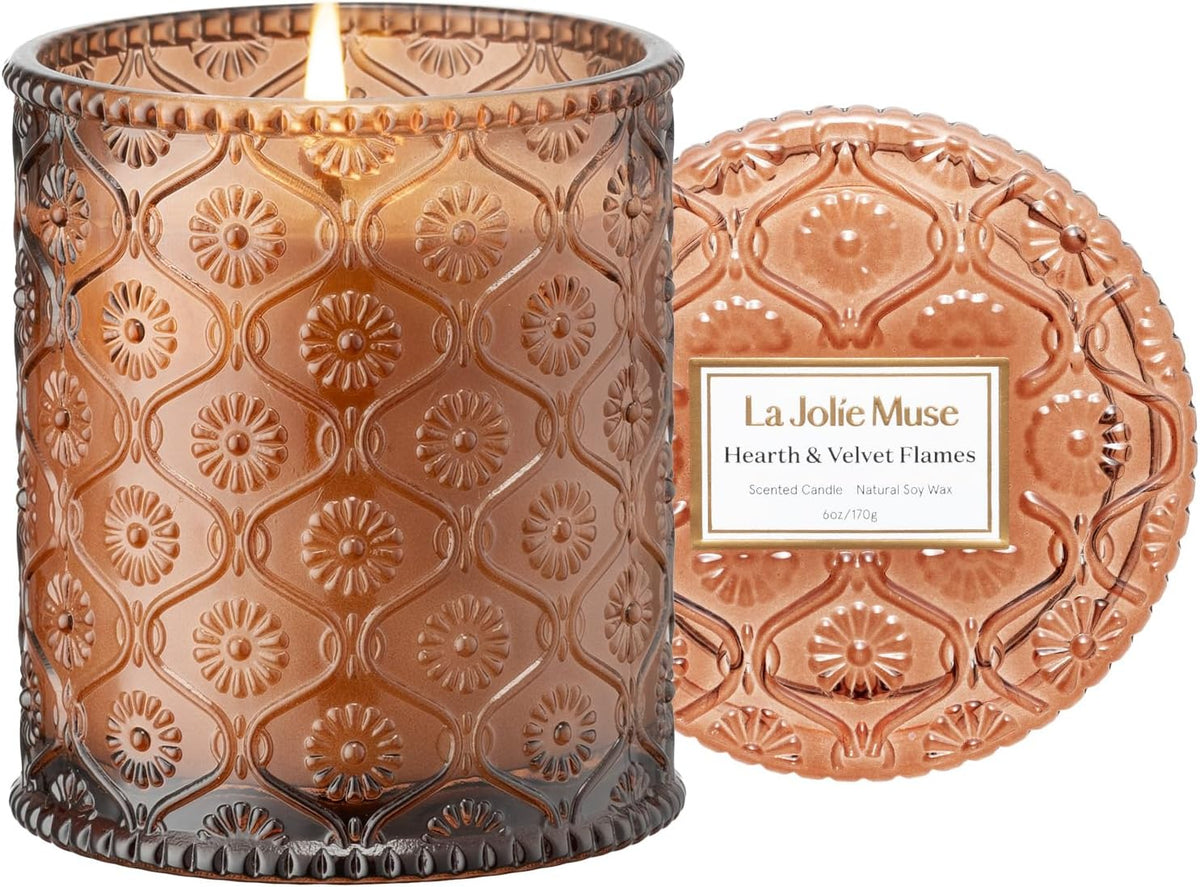 LA JOLIE MUSE Hearth & Velvet Flames Candle - Saffron, Clove, Vanilla | 6 oz Natural Soy Wax | 40 Hours Clean Burn | Elegant Home Décor | Gift-Ready for Hosts & Gatherings