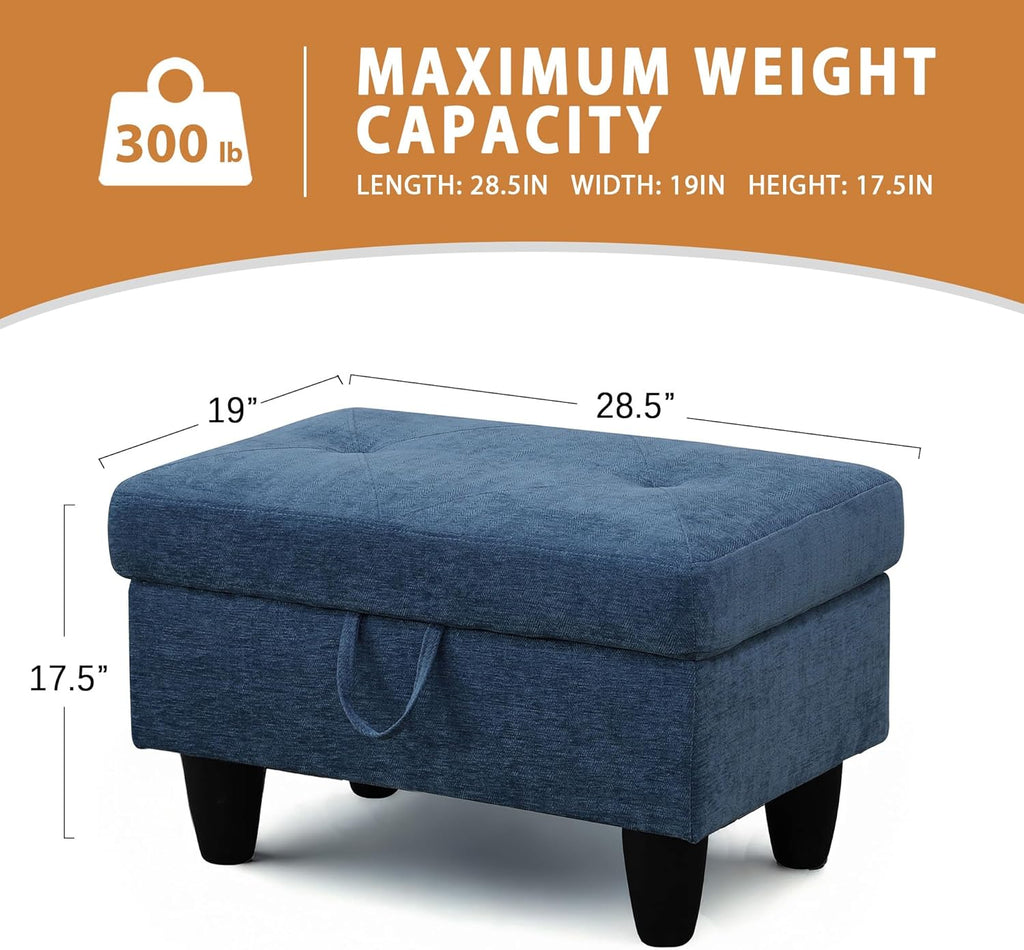Ottoman Rectangular Storage Ottoman Bench, Flannel Footrest Stool Footstool with Lid for Living Room, Bedroom, Entryway, Blue, 28.5"x19"x17.5"