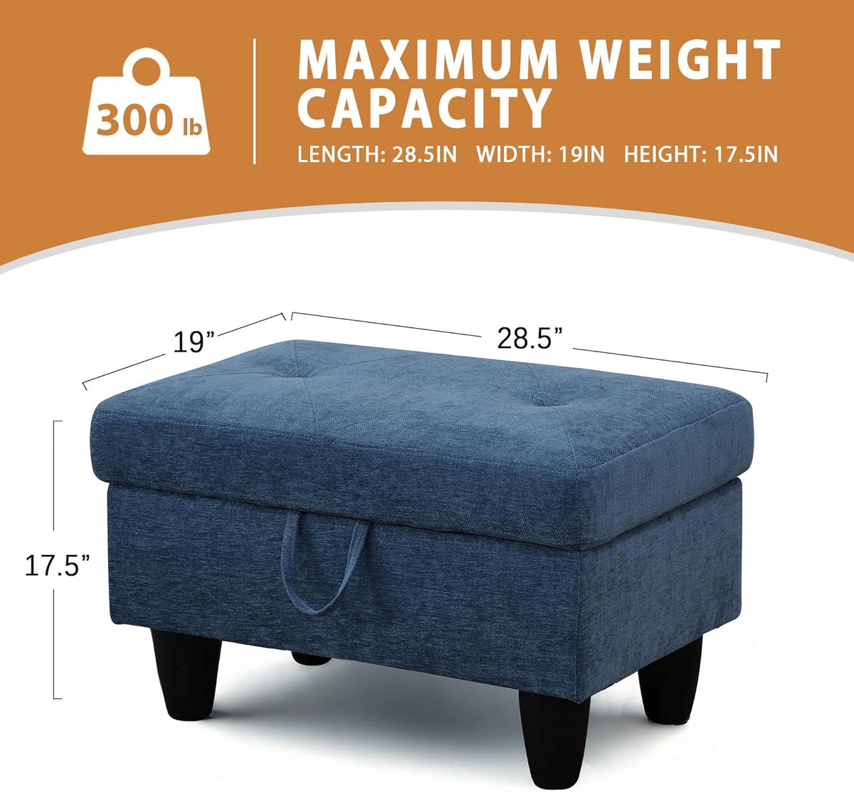 Ottoman Rectangular Storage Ottoman Bench, Flannel Footrest Stool Footstool with Lid for Living Room, Bedroom, Entryway, Blue, 28.5"x19"x17.5"